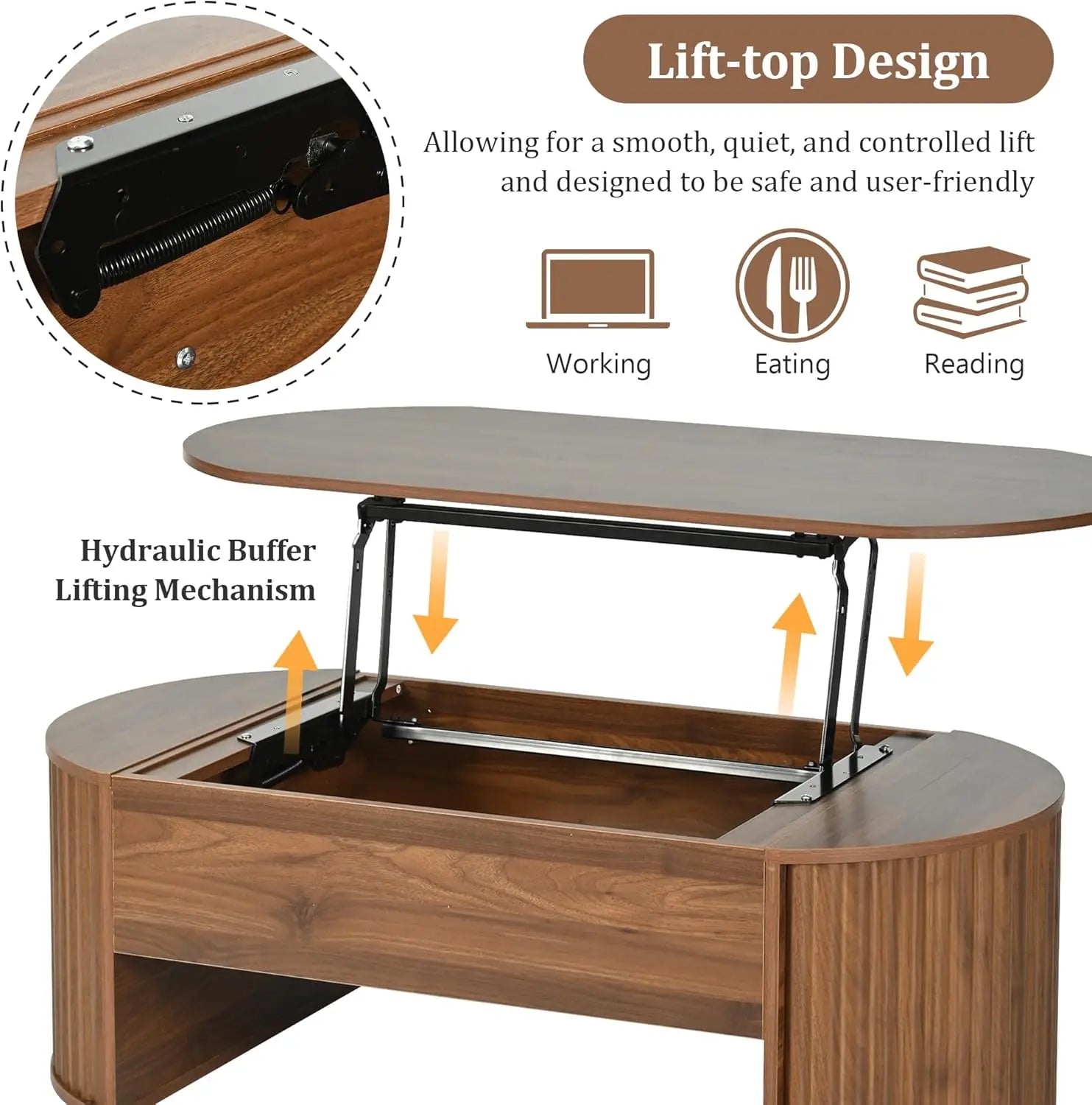 47.2” Modern Lift-Top Coffee Table – Brown Wooden Center Table with Oval Lift Tabletop & Hidden Storage