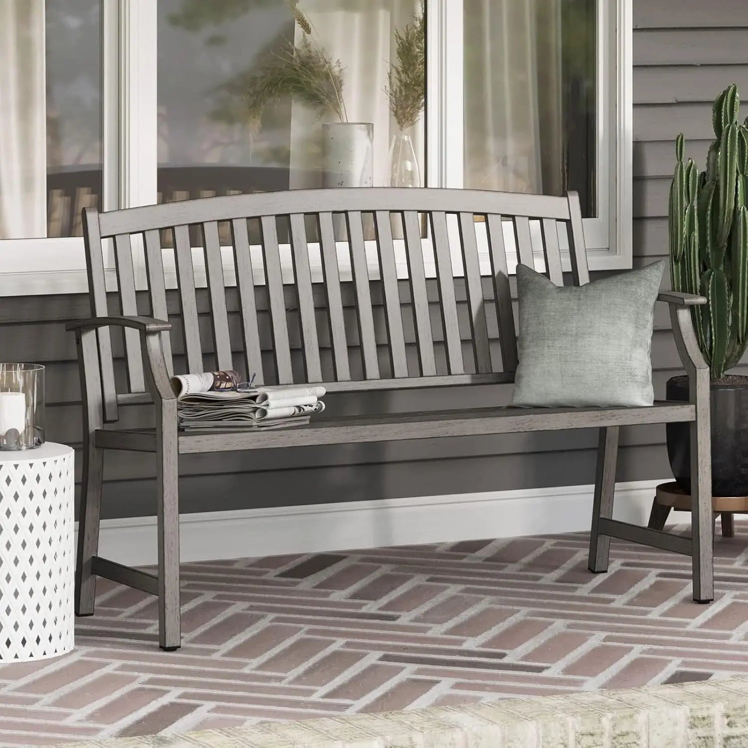 52" Farmhouse Outdoor Bench, Garden Bench with Faux Wood Grain Finish Frame and Aluminum Backrest, for Front Porch
