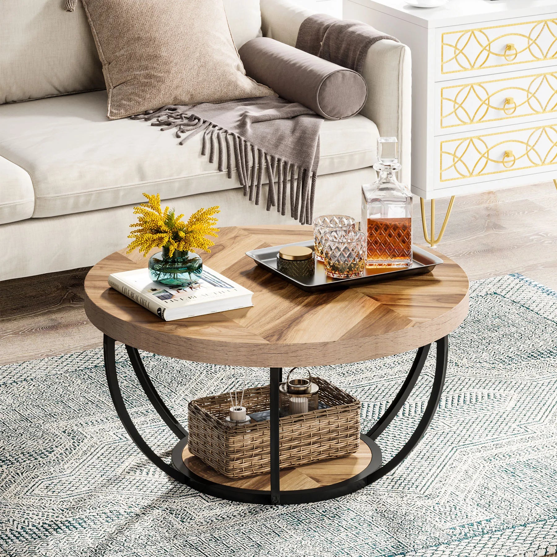 31.7” Round Industrial Coffee Table – 2-Tier Circle Table with Storage Shelves