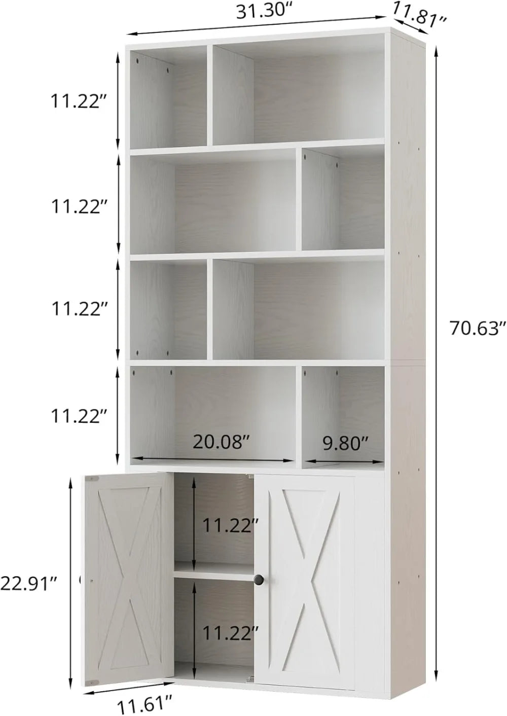 Tall Bookcase with Doors & 8 Open Cubes – Storage Bookshelf for Living Room, Bedroom & Office