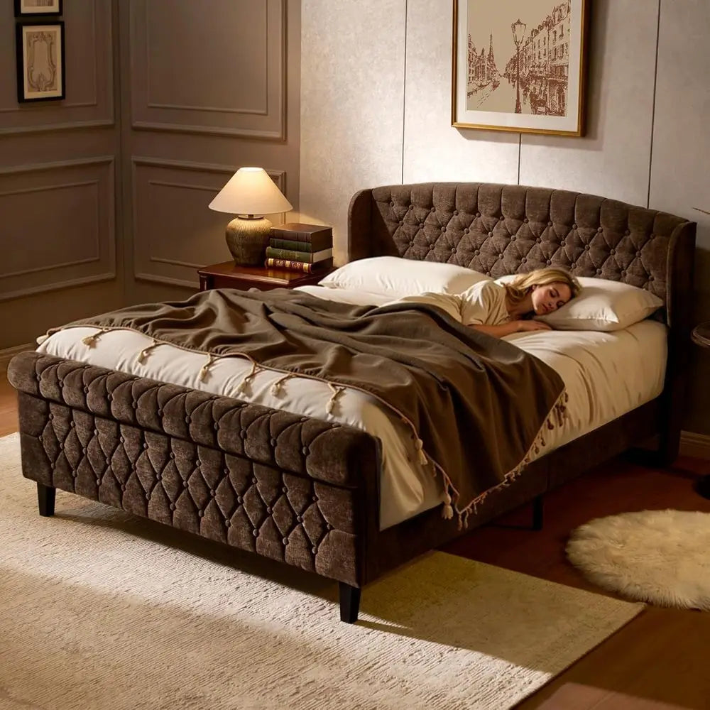 Queen Size Sleigh Bed Frame – Chenille Upholstered with Wingback Headboard & Button-Tufted Scroll Footboard