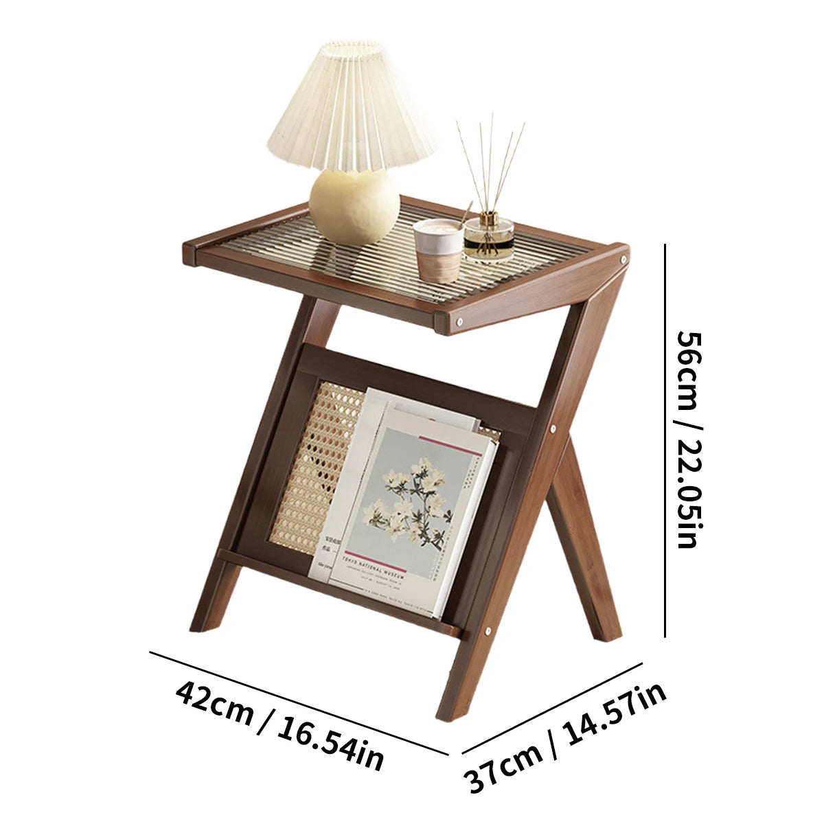 Compact Acrylic-Top Rattan Nightstand Bamboo Storage Shelves Boho Bedroom/Living Room Coffee Table Set