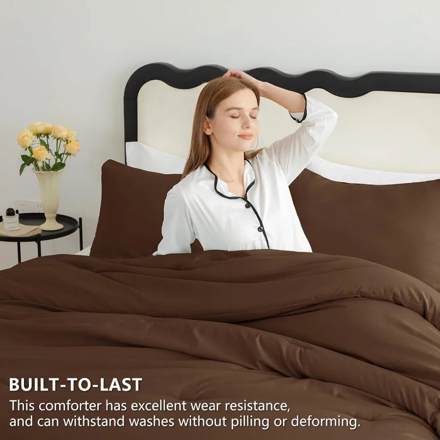 King Size Comforter Set Brown 3 Pieces Solid Comforters King Size Breathable Quilted Style Bedding Set Luxury Soft Bed Set with