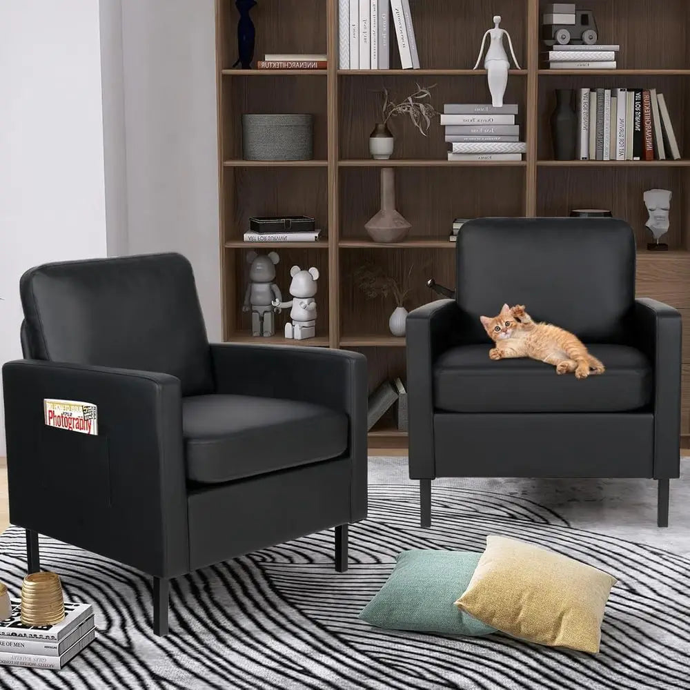 Black Leatherette Accent Chairs – Set of 2 with Arms and Metal Frame