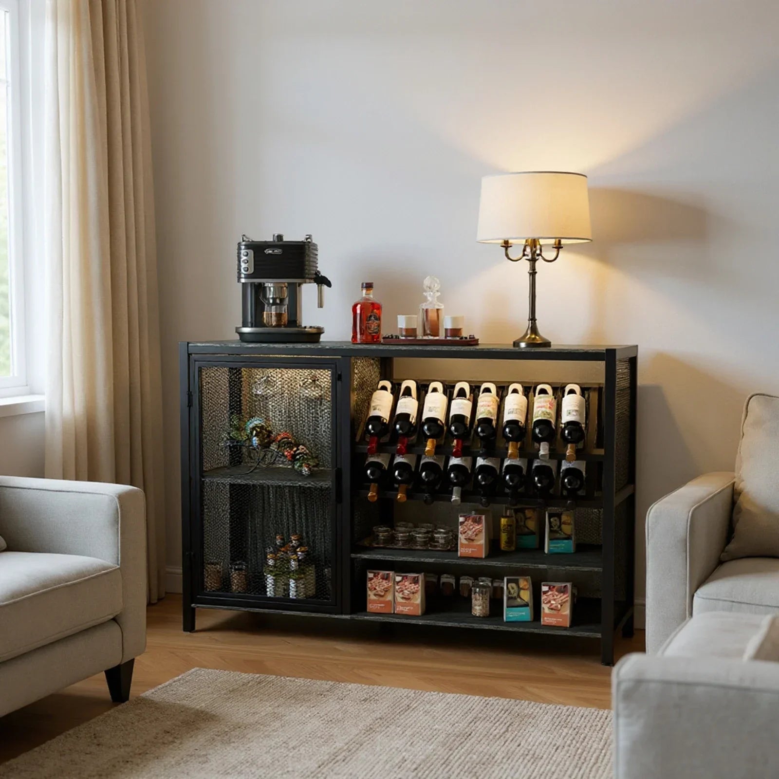 Wooden Wine Cabinet – Beverage Bar Cabinet with Mesh Storage