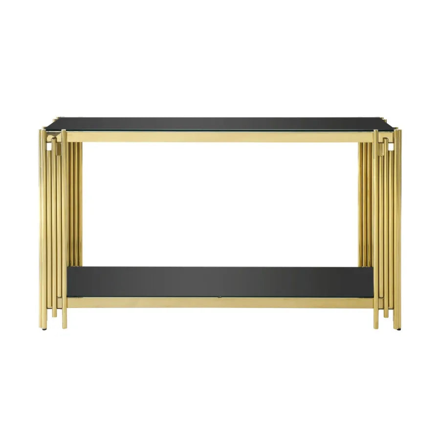Modern Glass Console Table 55 Gold Sofa Table with Sturdy Metal Frame and Black Tempered Glass Top for Living Room Entryway Bed