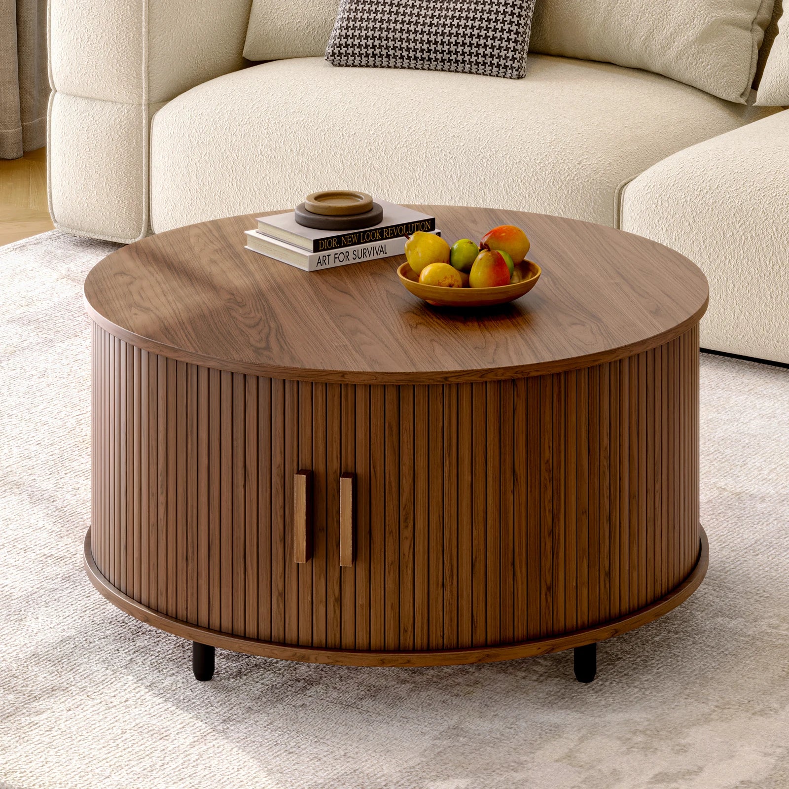 31.5” Round Coffee Table with Storage – Modern Fluted Coffee Table with 360° Curved Sliding Door