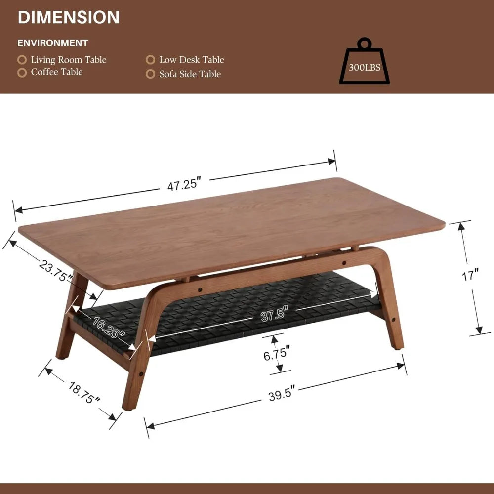 Solid Wood Coffee Table – 47” Mid-Century Modern Rectangular Coffee Table with 2-Tier Storage