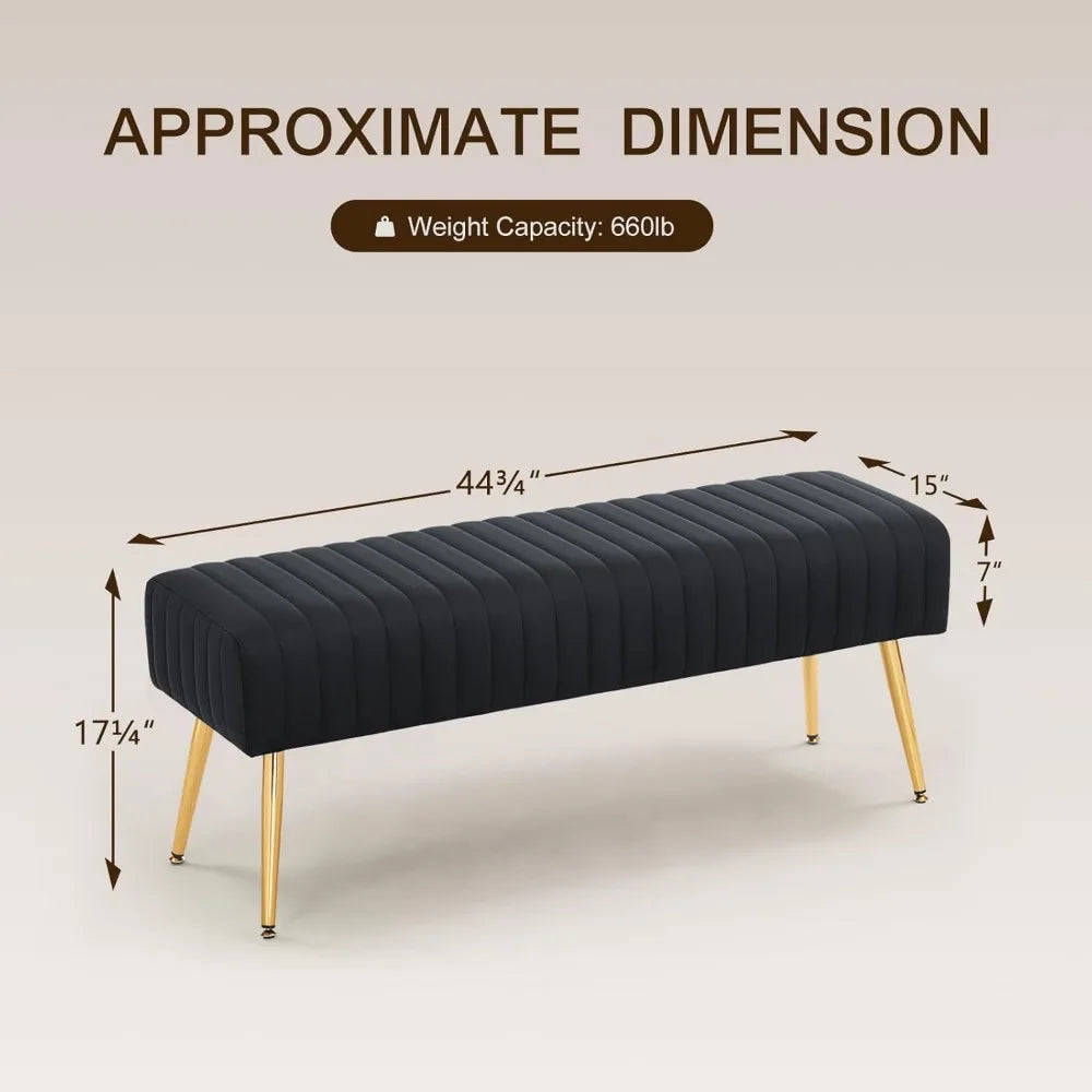Black Upholstered Ottoman Bench – 44″ with Gold Legs