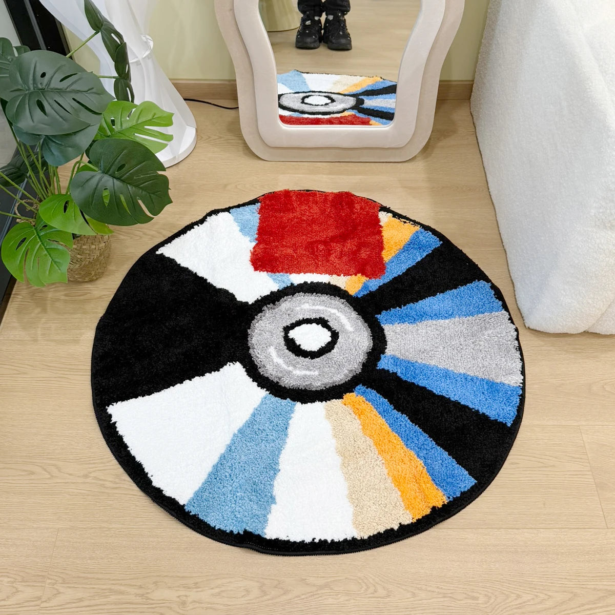 Round CD Shaped Tufted Flocking Rug, 3D Soft Pile Non-Slip Carpet, Modern Home Decor for Living Room Bedroom