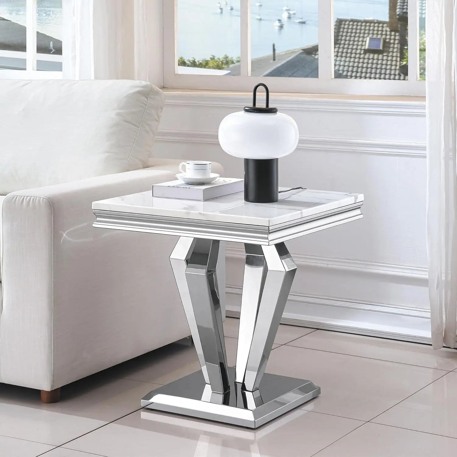 White Marble Side Table Small End Table with Stainless Steel Diamond-Shaped Base,Faux Marble Living Room Side Table, Night Stand