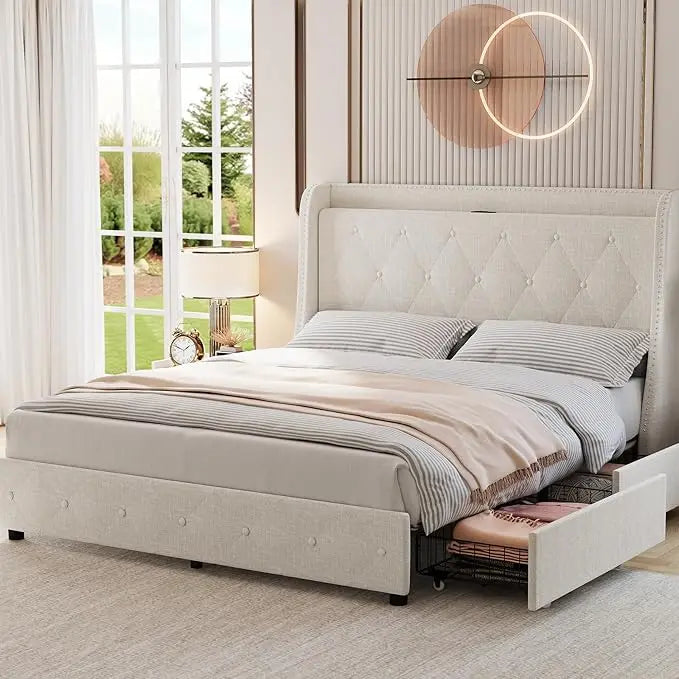 Queen Size Bed Frame with USB Ports & Charging Outlets – Storage Platform Bed with Metal Frame