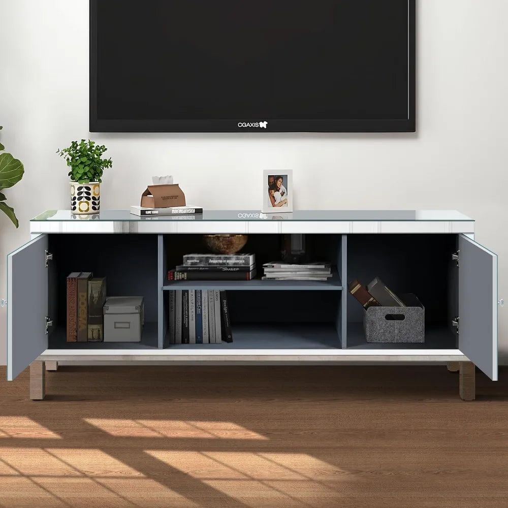 Mirrored TV Stand, Silver TV Cabinet with 2 Storage Cabinets and Open Shelves, 60" TV Cabinet for Living Room, Entertainment Cen