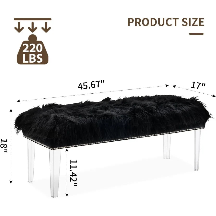 Black Upholstered Bedroom Bench – 46″ White Faux Fur Tufted Bench
