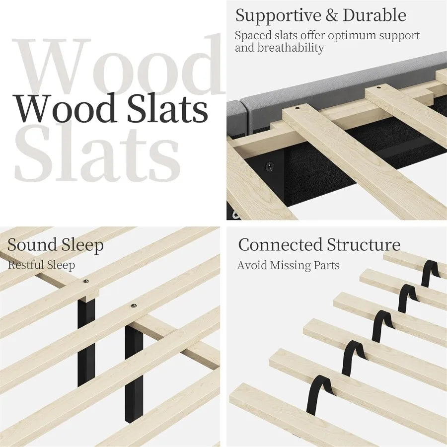 Light Gray Queen Upholstered Platform Bed Frame – Wing Side Tufted Headboard