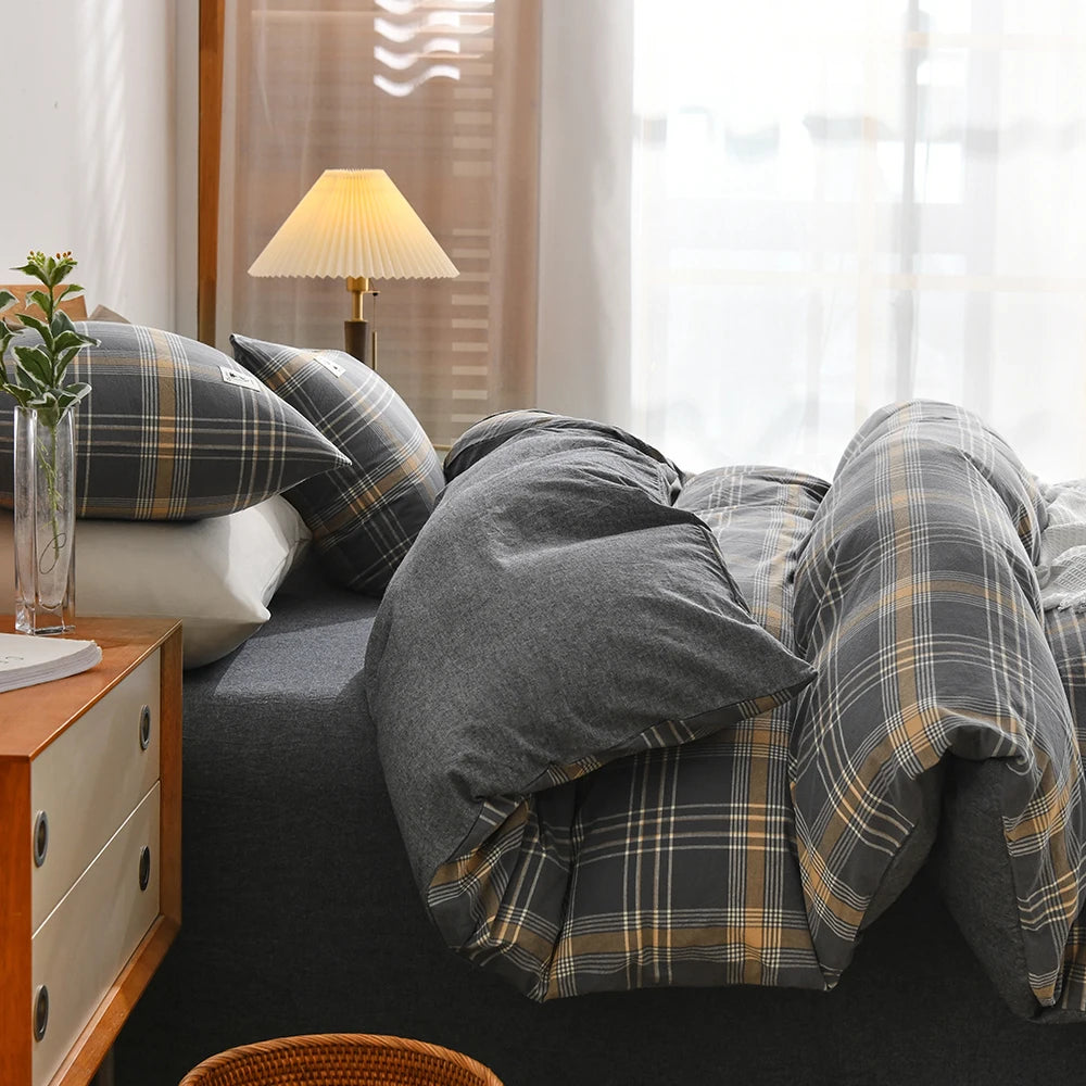 Cotton Duvet Cover Set – Japanese Grid Style (King Size, 220×240)