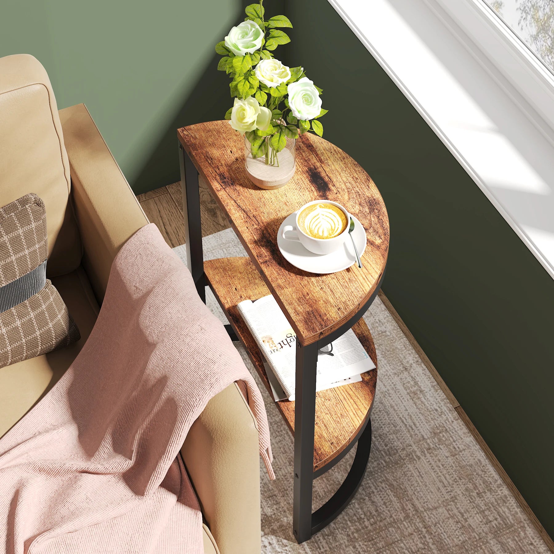 Tribesigns End Table Semi Circle, Small Half Round Side Table with Storage Shelf, Accent Table Slim C Table for Sofa Couch