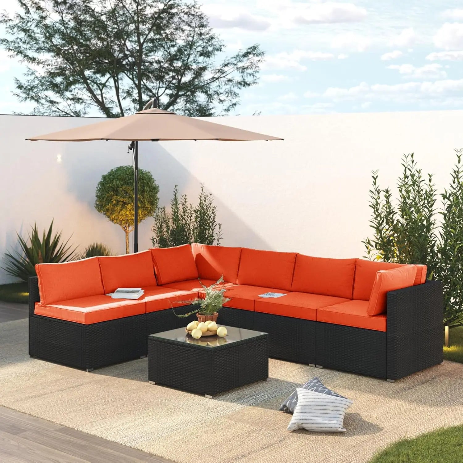 7 Piece Patio Furniture Set, Outdoor Couch Set—All-Weather Outdoor Furniture Sectional w Water Resistant Thick Cushions, Patio
