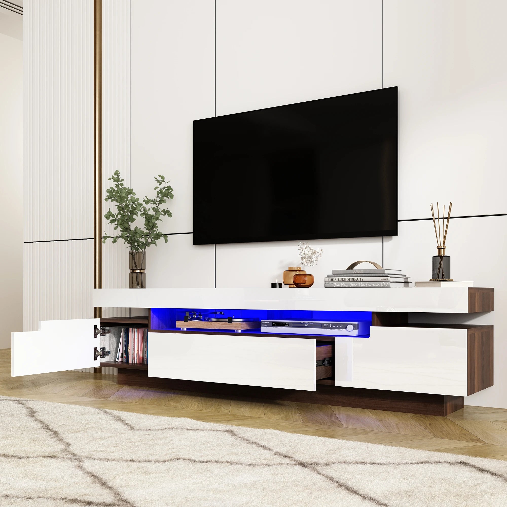 71In LED TV Stand for 75/80 Inch TV, Modern Gaming TV Cabinet for Living Room, High Gloss Entertainment Center with Storage