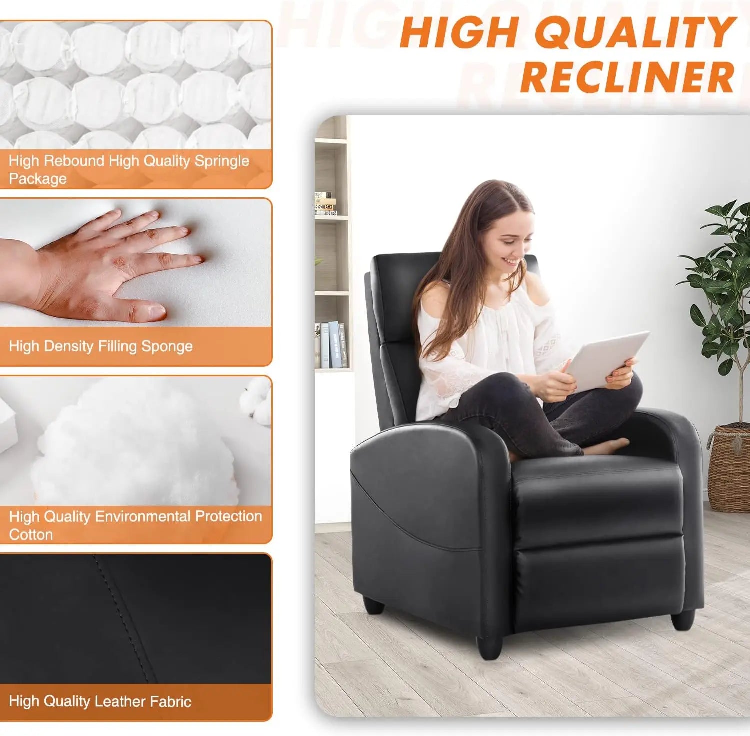 Adjustable Massage Recliner Chair with Lumbar Support, Modern Fabric Black Home Theater Seating