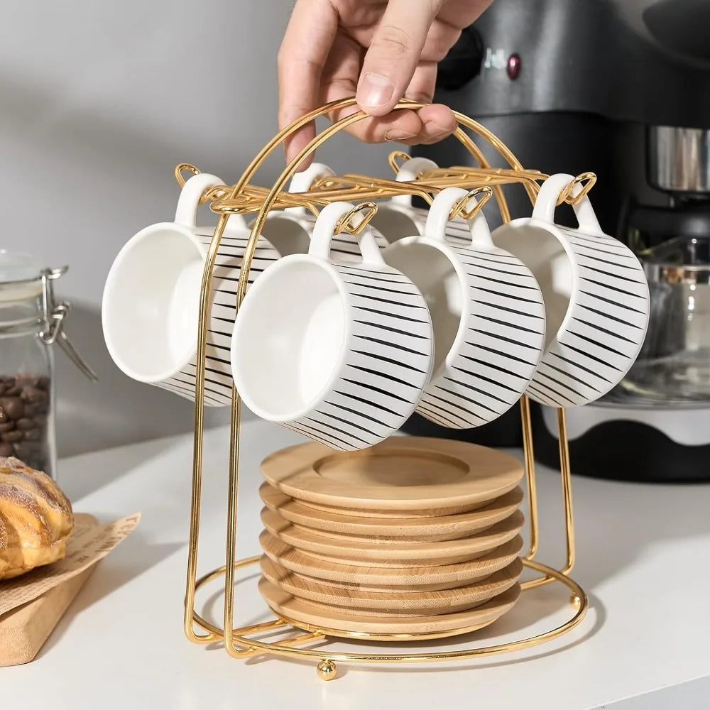 Ceramic Espresso Cup Set with Saucers and Metal Holder, 6-Piece White Porcelain Demitasse for Coffee and Tea