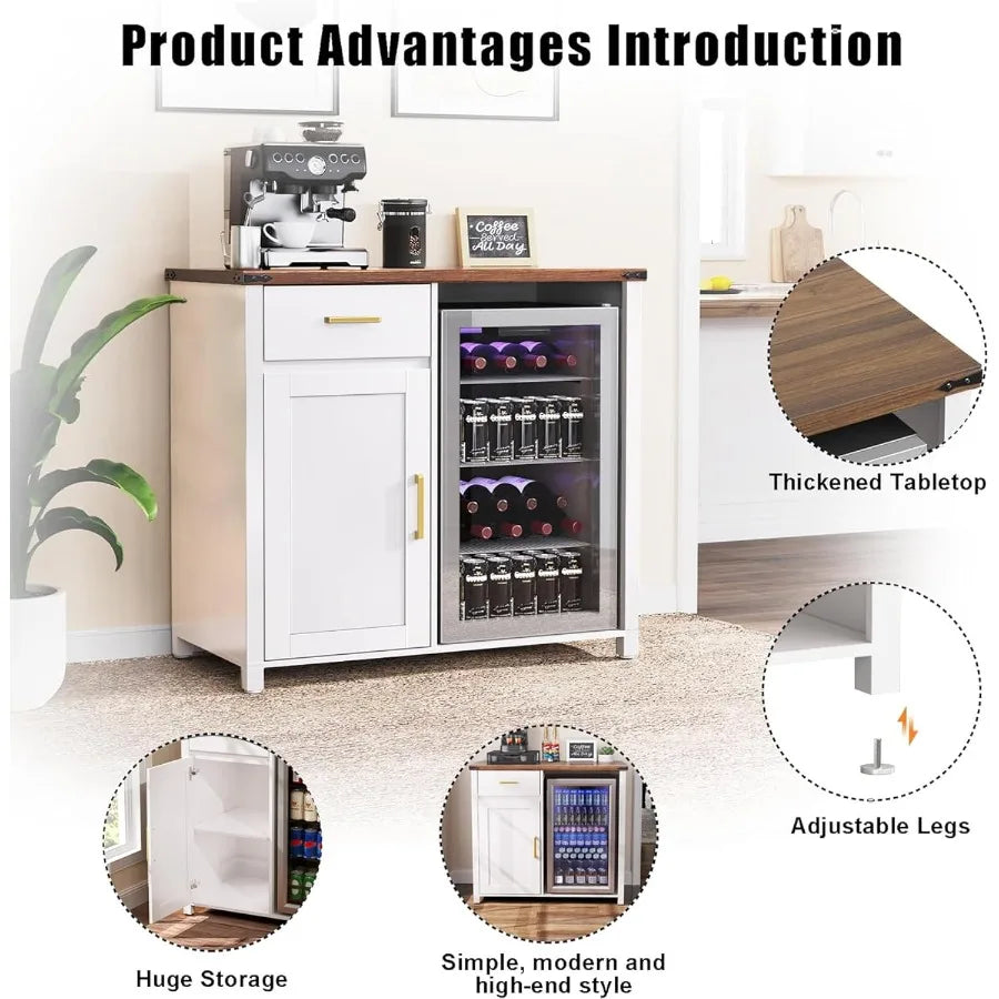 Compact Coffee Bar Cabinet with Mini Fridge Stand – 39.4″ Wide Tabletop
