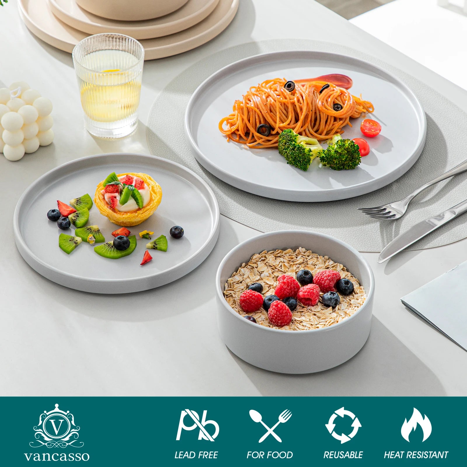 vancasso 12/24 Pcs Stoneware Dinnerware Set Mix-color Tableware Set with 4pcs Dinner Plate/Dessert Plate/Bowl For 4/8/12