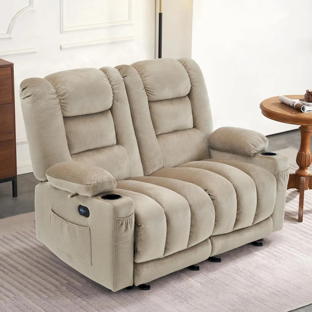 55.9" Power Loveseat Recliner with Heat and Vibration, Fabric Electric Loveseat Recliner, USB Charge Port, Cup Holders for Livi