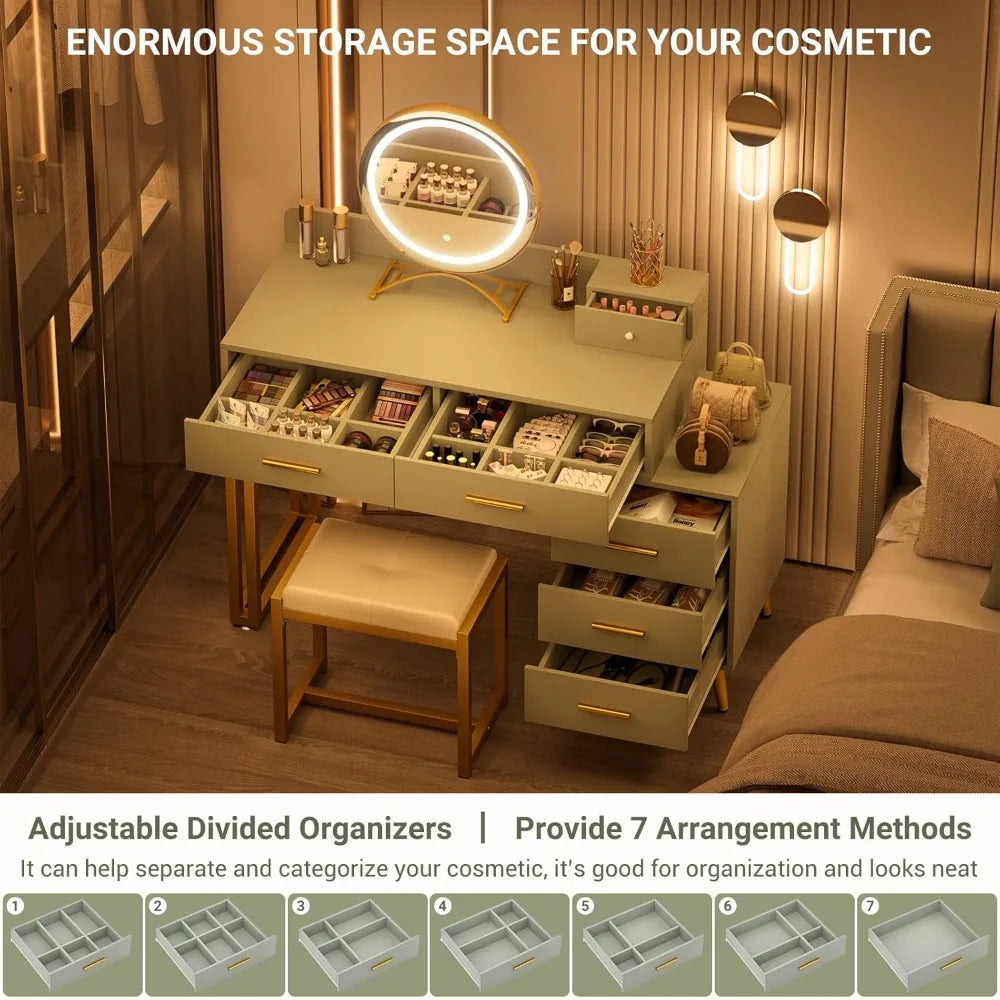 vanity desk with mirror and lights, modern makeup vanity table set with 6 storage drawers and cushioned stool for bedroom, dress
