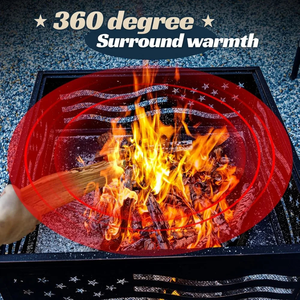 32Inch Square-Shaped Fire Pit,Outdoor Fire Pits with Spark Screen&Poker,Metal Square Wood Burning Firepits for Outside,Backyard,