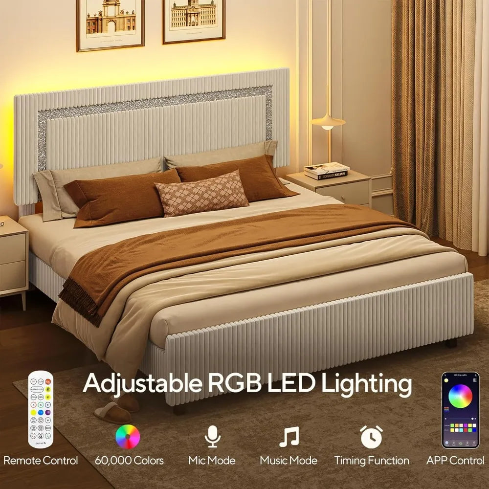 Full Size Corduroy Upholstered Bed Frame with Headboard – LED Platform Bed with Silver Glitter Trim