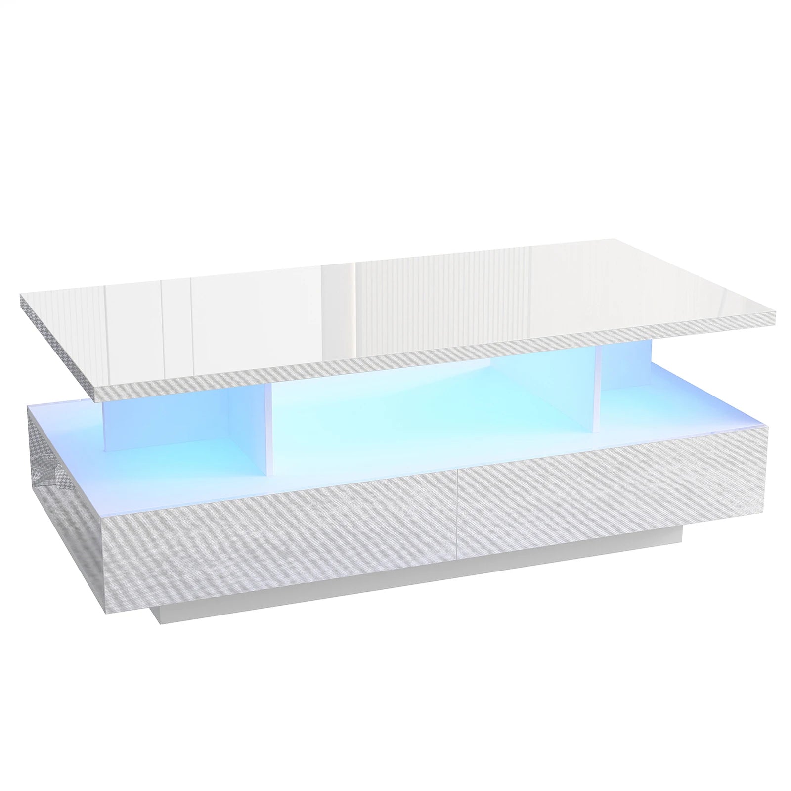 43” LED Coffee Table – Modern High-Gloss Rectangular Center Table with 2 Drawers & Display Shelf