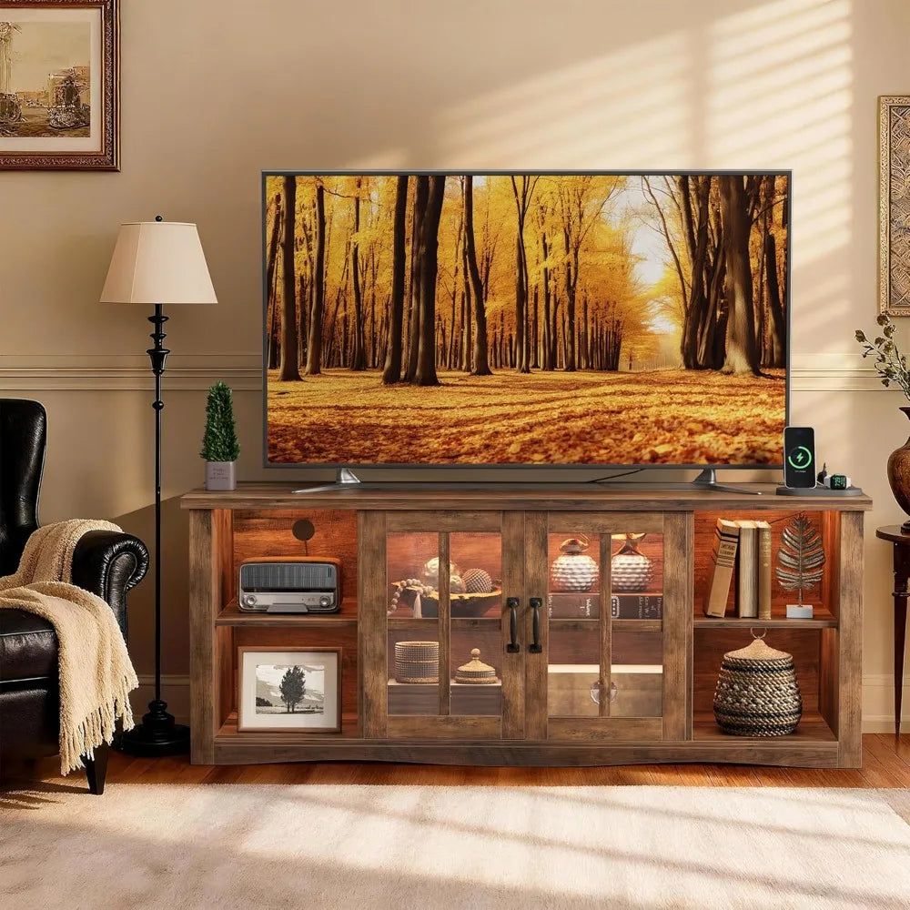 Farmhouse LED TV Stand with Power Outlet,for Televisions up to 65 Inches,Wood Entertainment Center with Glass Door Storage