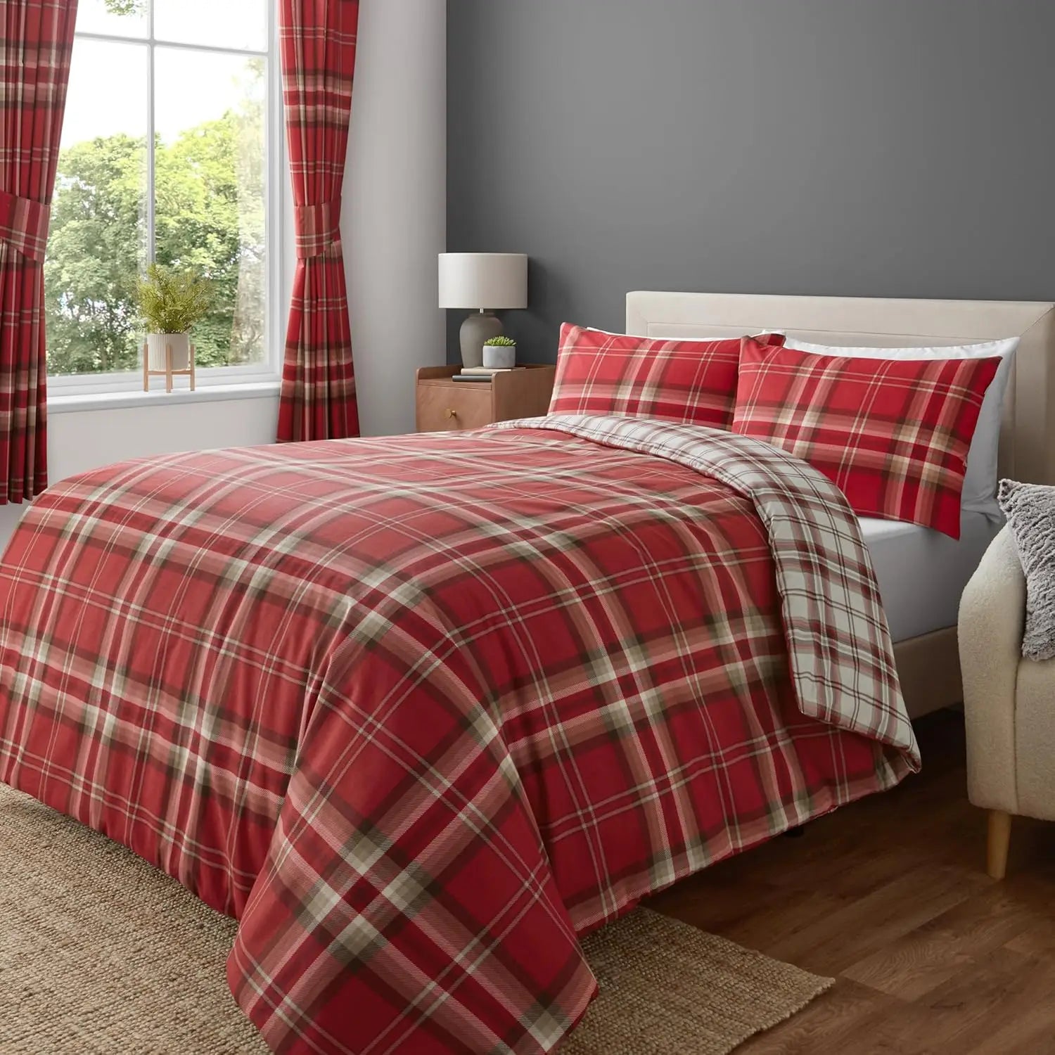 Red Plaid Double-sided Printed Bedding Set, 100% Polyester Quilt Cover Set, Breathable, Soft and Machine Washable
