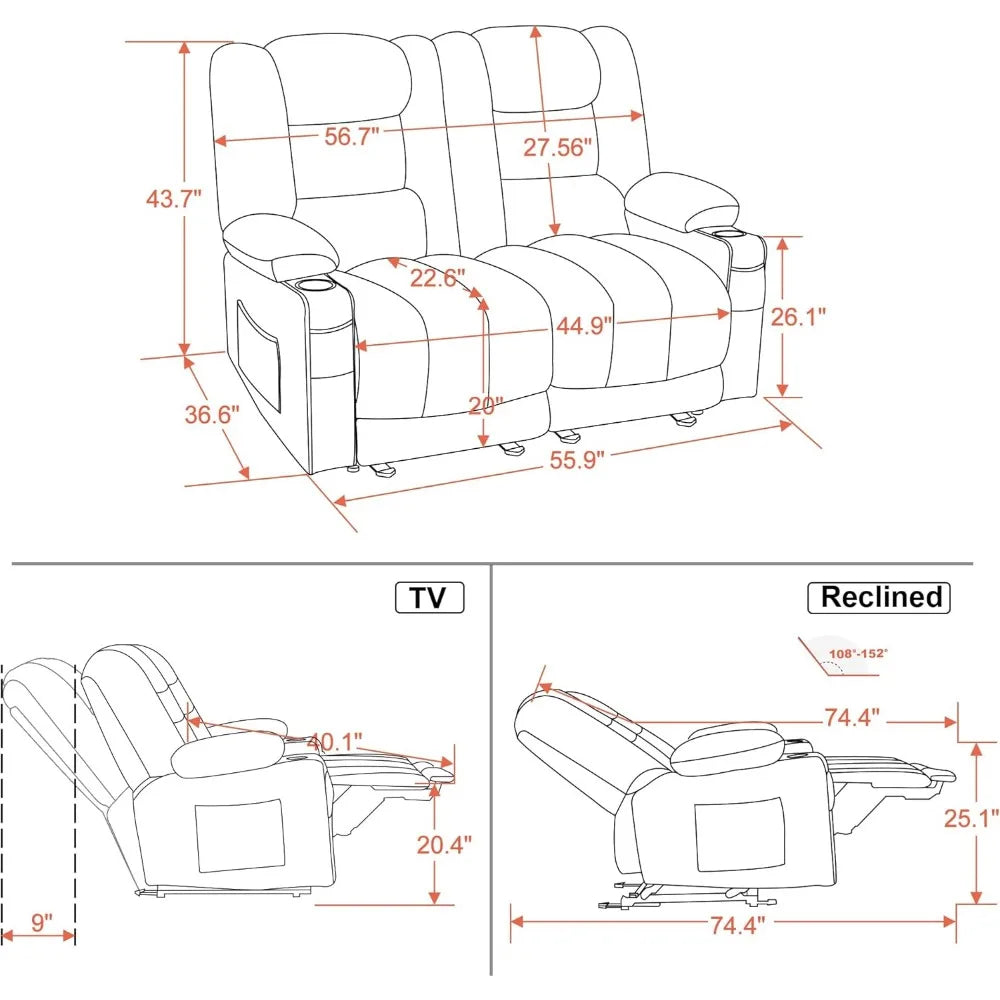 55.9" Power Loveseat Recliner with Heat and Vibration, Fabric Electric Loveseat Recliner, USB Charge Port, Cup Holders for Livi