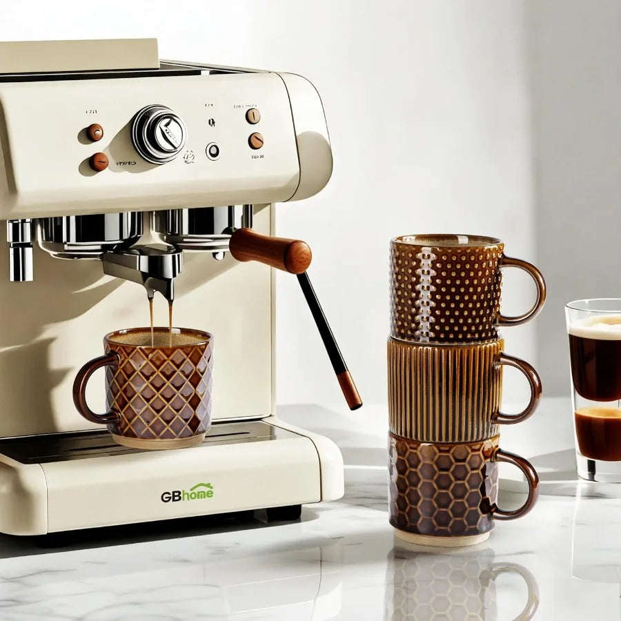 Modern Stackable Ceramic Coffee Mugs Set of 4 with Textured Patterns for Everyday Use in Home or Office Ideal for Serving Latte