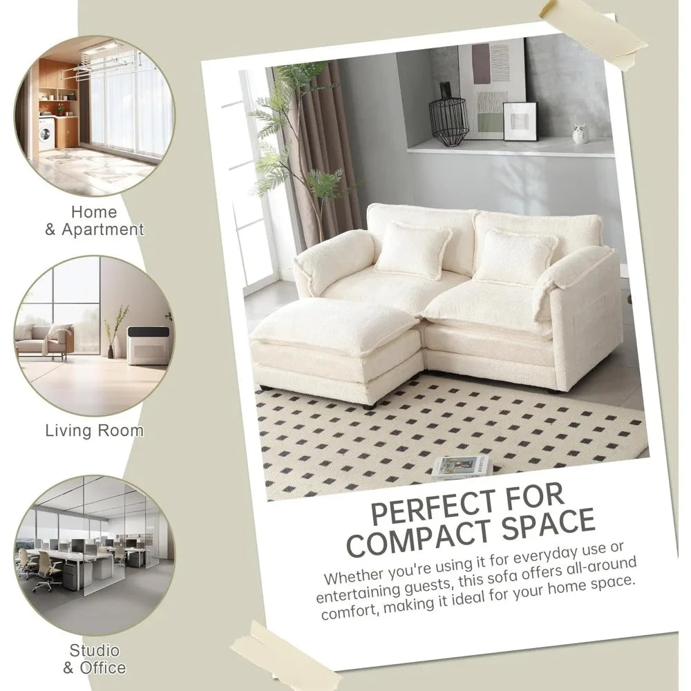 Sectional Modular Cloud Sofa Couch, 76.77" Chenille Comfy Upholstered L-Shape Sofa with Re-moveable Ottoman and 2 Pillows