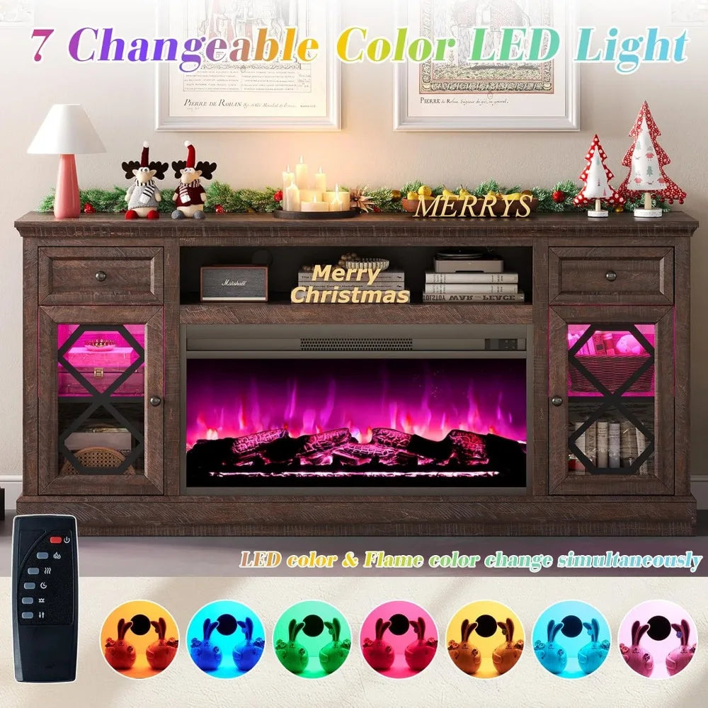 Farmhouse Style 70-Inch Fireplace TV Stand, Accommodates 80-Inch TVs, Large LED Entertainment Center with 37-Inch Firep