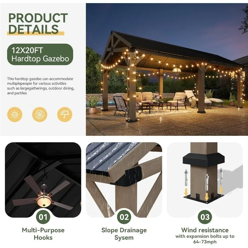 12' x 20' Outdoor Wood Gazebo, with Galvanized Steel Gable Roof, for Patio, Garden, Deck, Cedar Wood