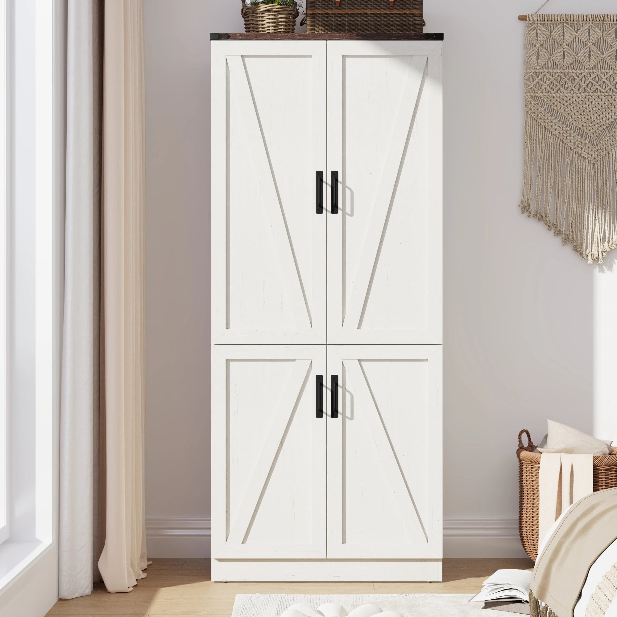 75" Tall Farmhouse 2 Doors Armoire Wardrobe Closet with LED, Freestanding Closet Wardrobe Cabinet for Bedroom