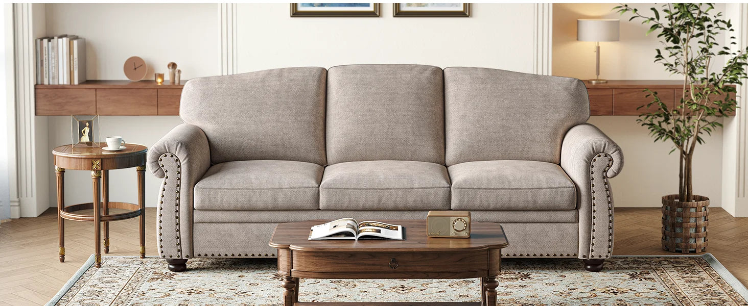 90 Inch Nailhead Trim Couch for Living Room, 23 Inch Deep Seat Rolled Arm Sofa, Comfy Upholstered 3 Seater Chenille Couch w/Wood