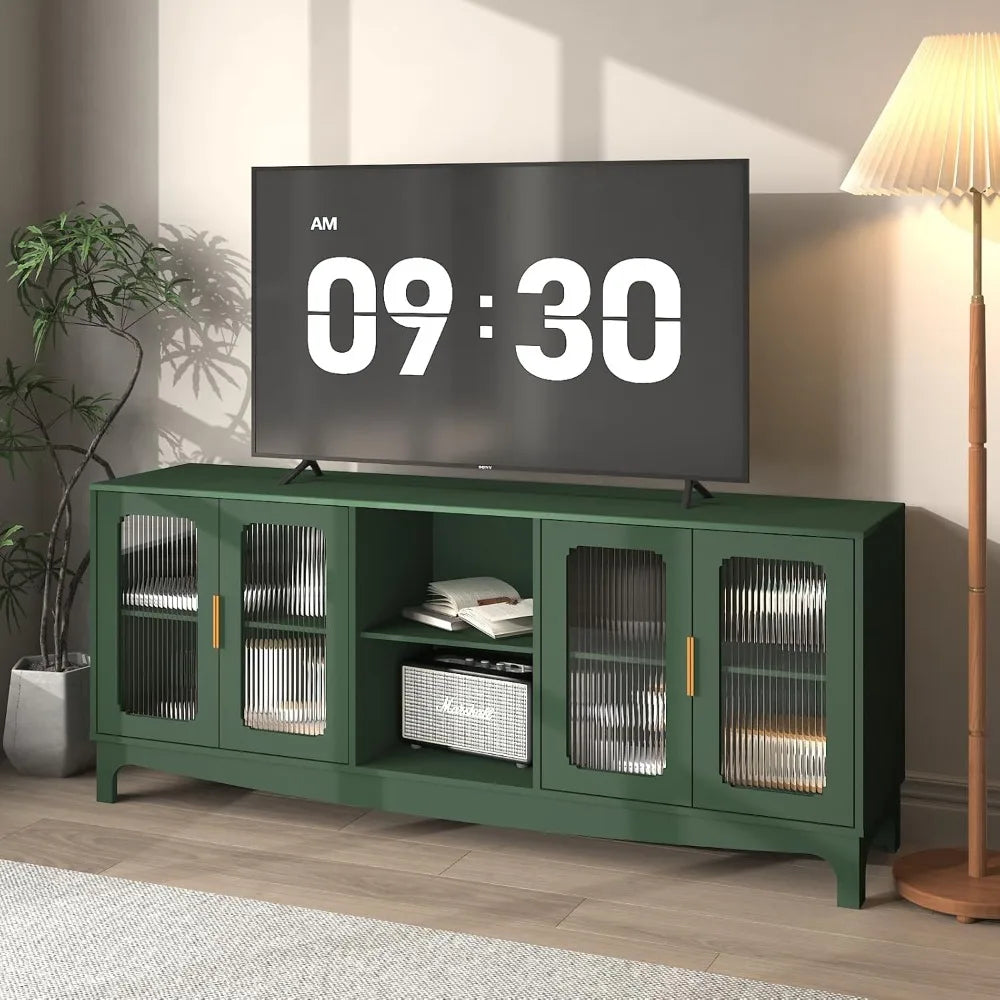65 Inch Green TV Stand for TVs up to 70+ inch, Mid Century Modern Glass Door TV Console Table,Entertainment Center with Storage