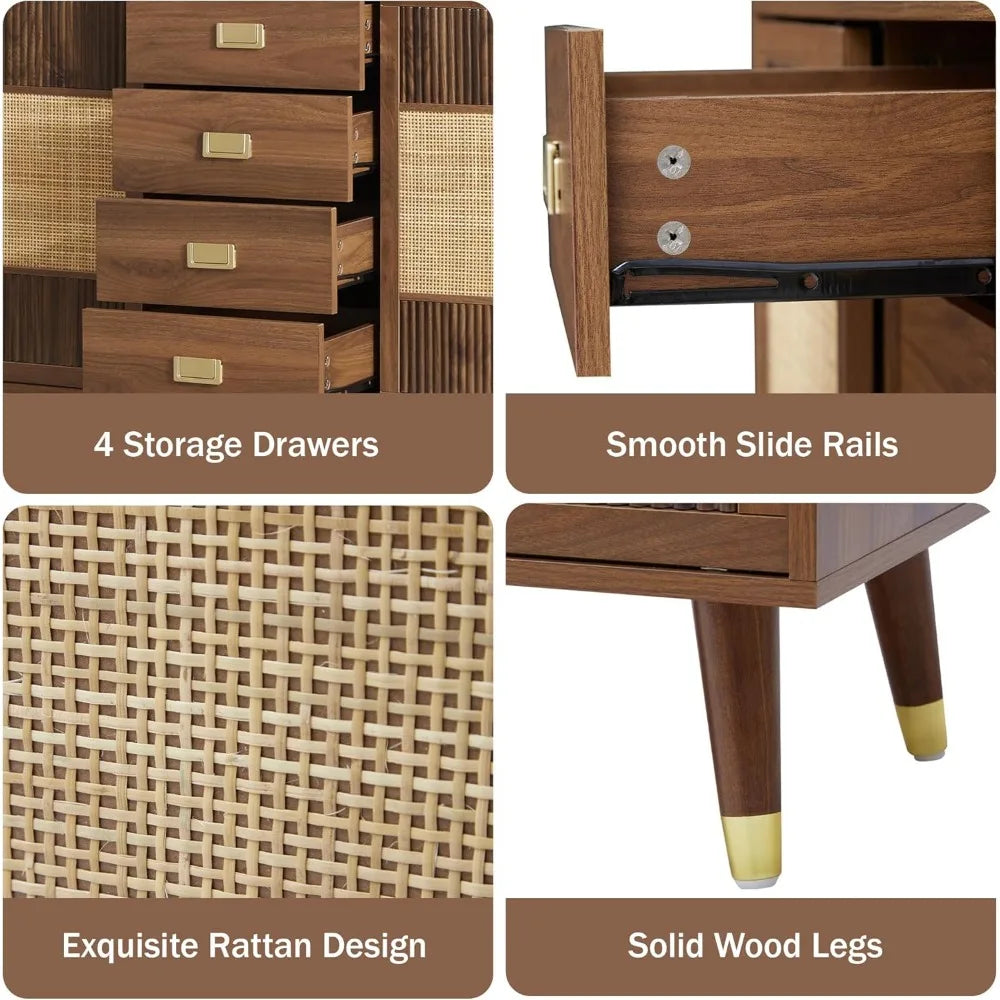 Sideboard Buffet Cabinet with Storage, 47" Rattan Kitchen Storage Cabinet with 2 Slide Doors and 4 Drawers, Accent Cabinets with