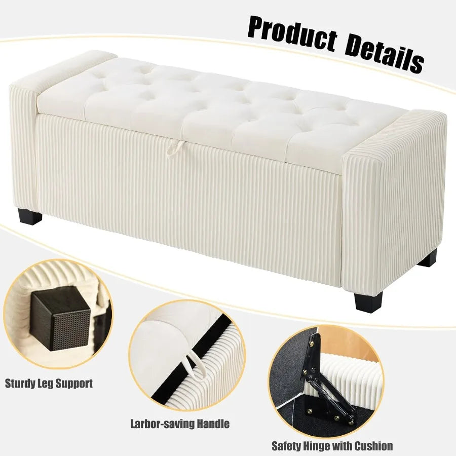 Upholstered Fabric Storage Ottoman Bench – Rectangular End-of-Bed Seat