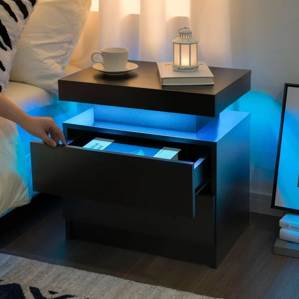 Nightstand LED Set of 2 Black Bedside Table LED Night Stand with LED Lights Modern End Side Table with 2 Drawers for Bedroom