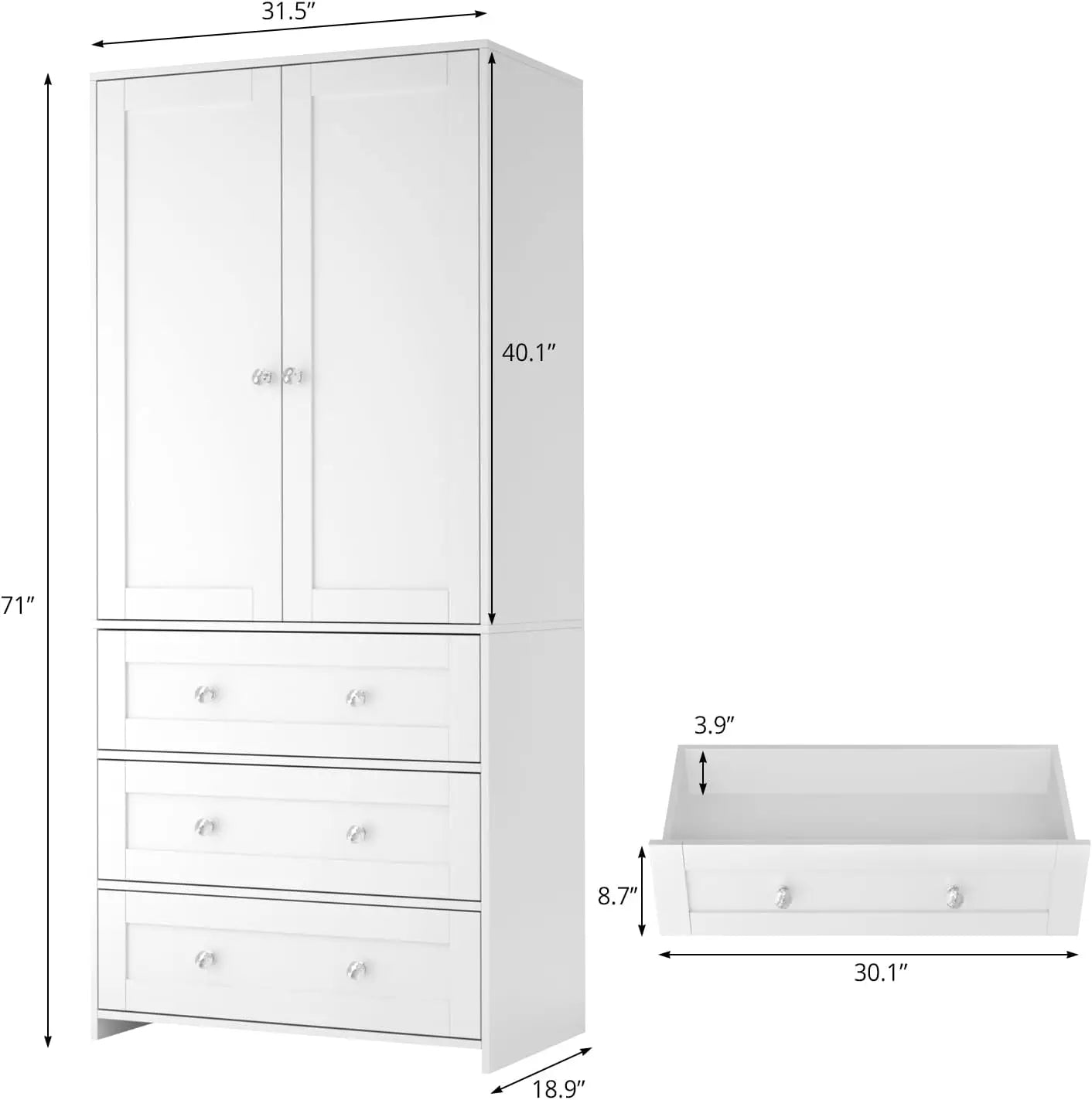 71' Wooden Wardrobe with Drawers, Mirror & Hanging Rod, Large Bedroom Storage Cabinet