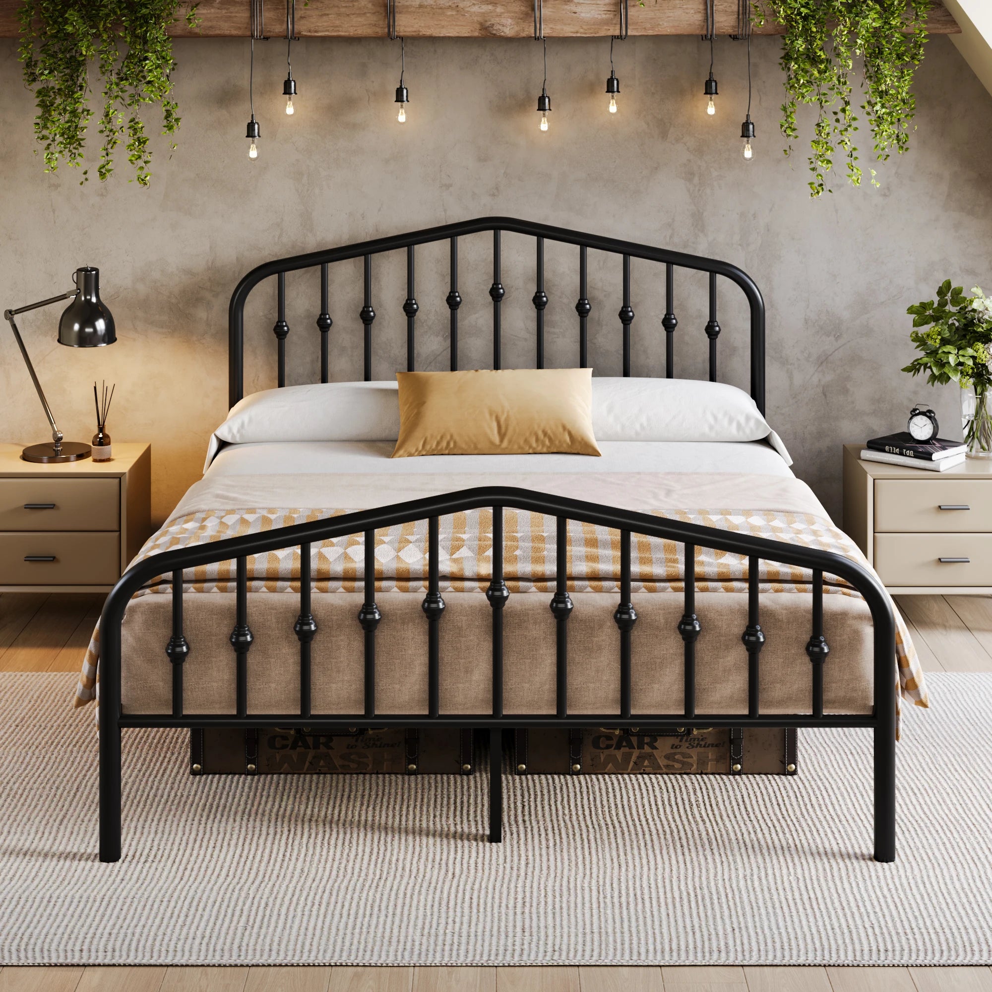 14″ Metal Platform Bed Frame – Victorian Wrought Iron Headboard & Footboard