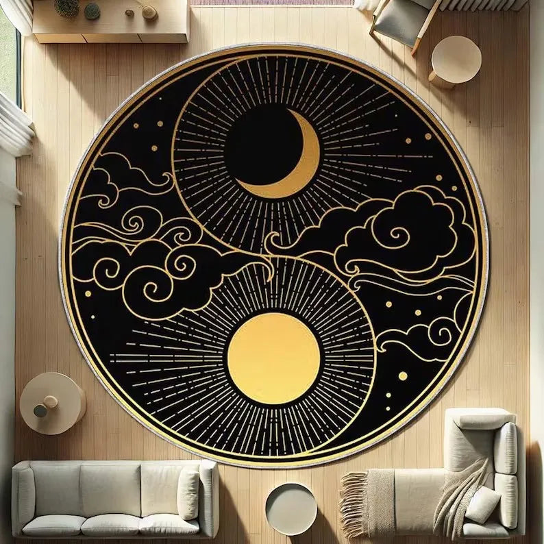 Black and Gold Round Rug Sun and Moon Design Celestial Yin Yang Carpet Boho Mystical Floor Mat Unique Spiritual Home Unique Gift