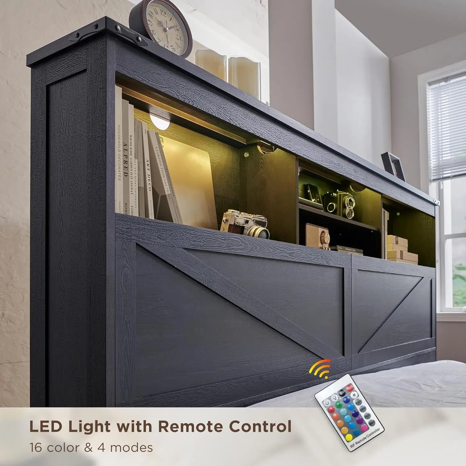 King Size Farmhouse Wood Bed Frame with Storage Bookcase Headboard, LED Light & Charging Station (Black)