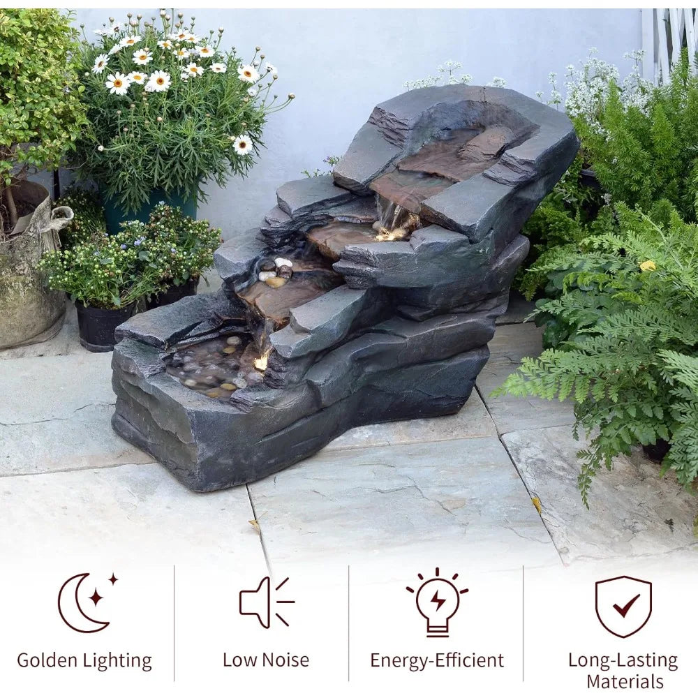 Outdoor Water Fountain 3-Tier Floor Standing Rainforest Rock River Natural Waterfall Fountains with LED Lights for Garden
